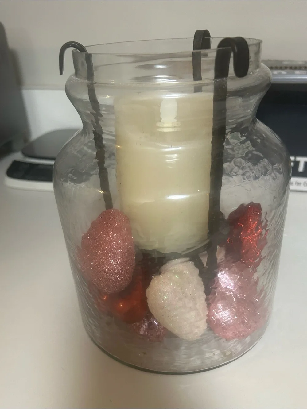 Pier 1 Clear Glass Lantern with Cream Candle and Pink Accents
